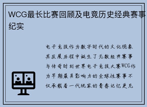 WCG最长比赛回顾及电竞历史经典赛事纪实
