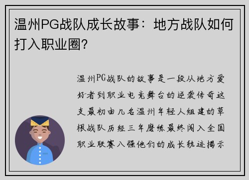温州PG战队成长故事：地方战队如何打入职业圈？